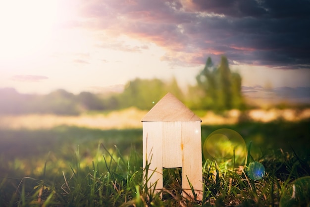 Eco House In Green Environment Wooden Home Friendly On Grass