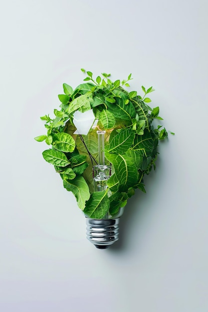 Eco lightbulb from green leaves top view Eco friendly lightbulb from fresh leaves top vie concept of Renewable Energy and Sustainable Living light bulb with green leaves