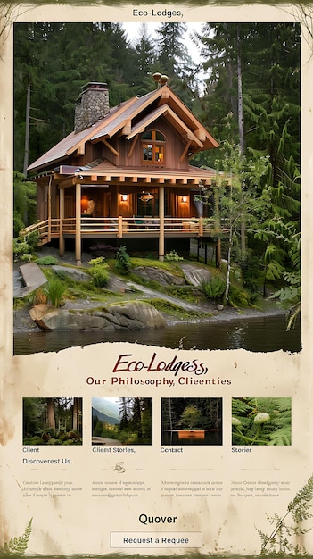 Photo eco lodge with animated icons natural forest green and beige unique architecture idea designs