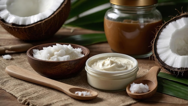 Photo eco natural coconut butter and moisturising cream preparing for home spa