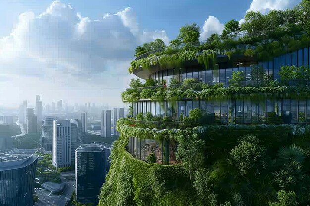 An eco office building with green roofs vertical gardens