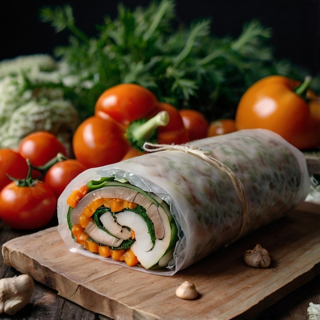 Eco packaging roll with vegetables and mushrooms in craft packaging for the delivery service