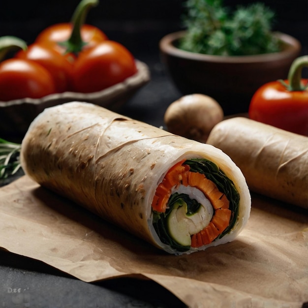 Eco packaging roll with vegetables and mushrooms in craft packaging for the delivery service