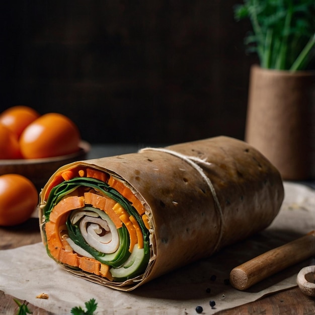 Eco packaging roll with vegetables and mushrooms in craft packaging for the delivery service