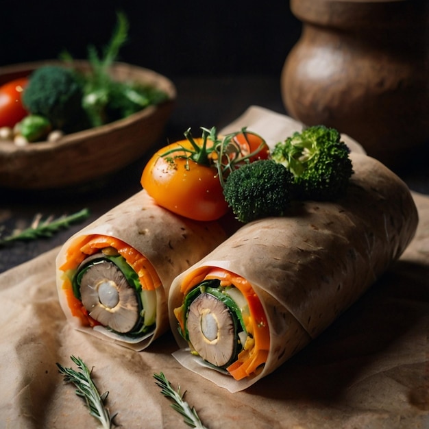 Eco packaging roll with vegetables and mushrooms in craft packaging for the delivery service