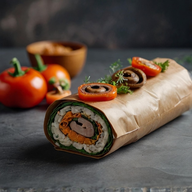 Eco packaging roll with vegetables and mushrooms in craft packaging for the delivery service