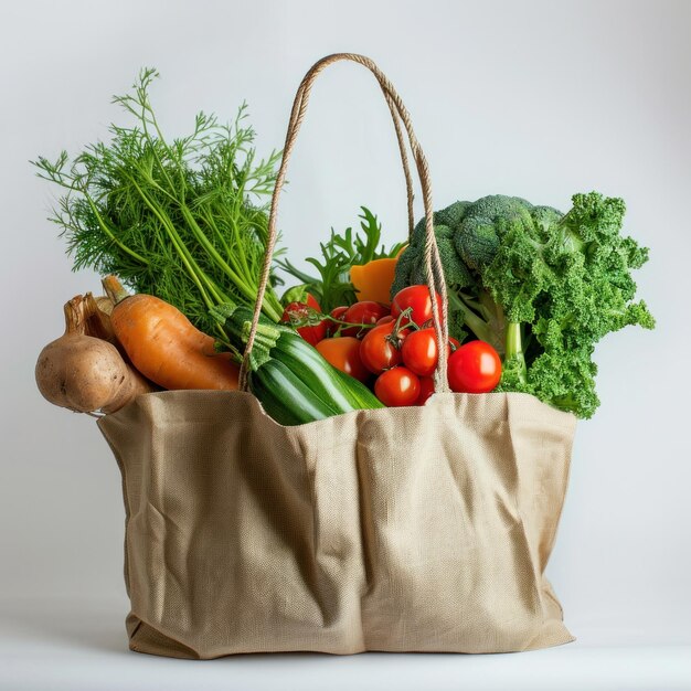 Eco shopping bag package full of fresh vegetables closeup on a white background Copy space