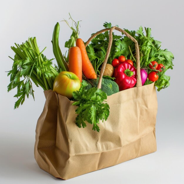 Eco shopping bag package full of fresh vegetables closeup on a white background Copy space