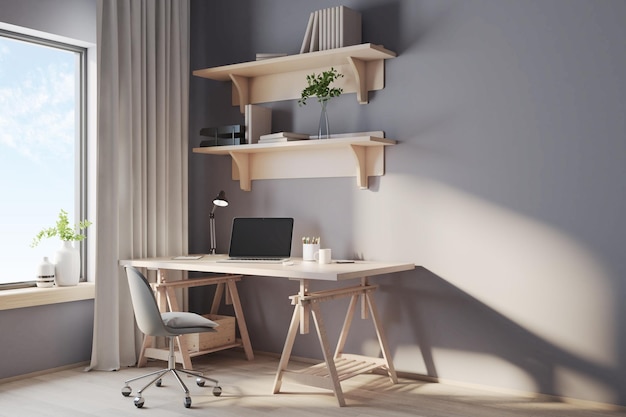 Eco style workspace for remote work with wooden shelves table and beige color wall and floor Cozy room 3D rendering