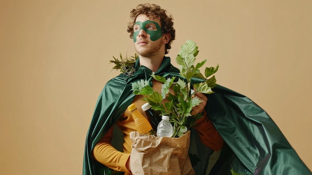 Photo eco superhero young man with houseplant