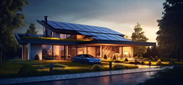 Eco sustainable smart home with solar panels and an Electric car