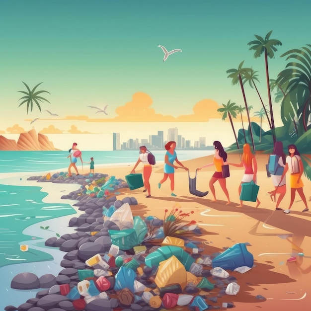 Eco volunteers collect plastic trash on beach for environmental conservation Generative AI