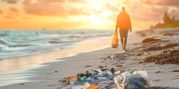 Photo eco volunteers collect plastic trash on beach to protect ocean from pollution concept beach cleanup eco awareness plastic pollution ocean protection volunteer work