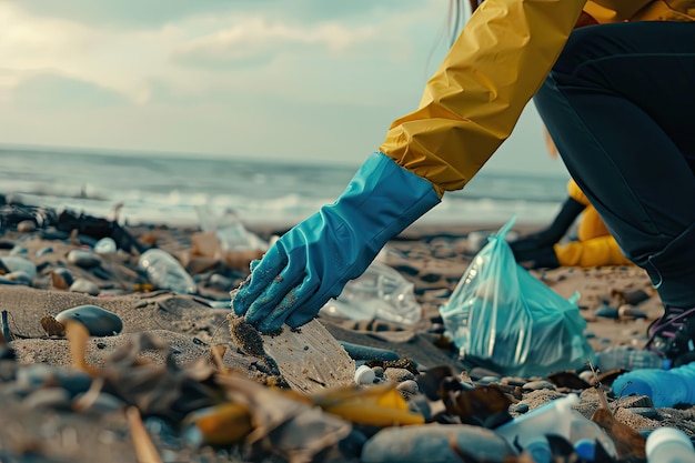 Eco Volunteers Picking Up Plastic Trash on Beach