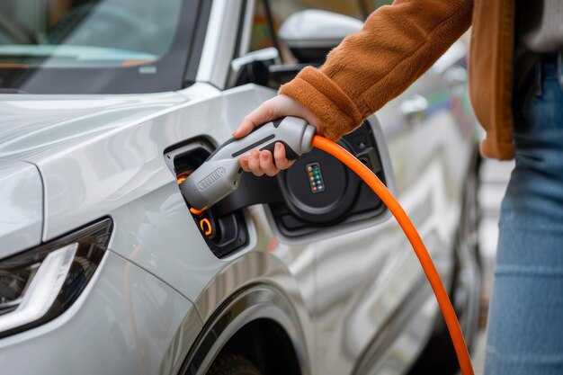 Photo ecoconscious woman plugging in car charger