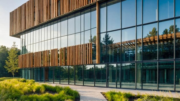 Ecofriendly architectural design featuring glass facades and wooden accents in a green courtyard