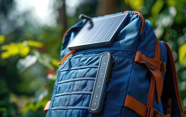 Photo ecofriendly backpack with solar panel in lush outdoor surroundings