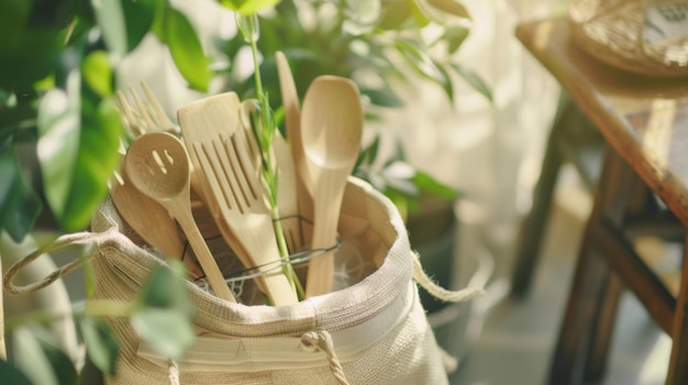 EcoFriendly Bamboo Utensils Neatly Tucked into a Rustic Jute Bag with Floral Accents