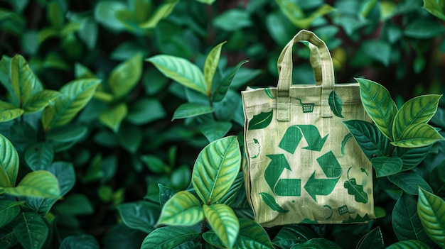 EcoFriendly Banner Reusable Shopping Bag with Recycling Symbol and Green Leaves for Sustainability Design