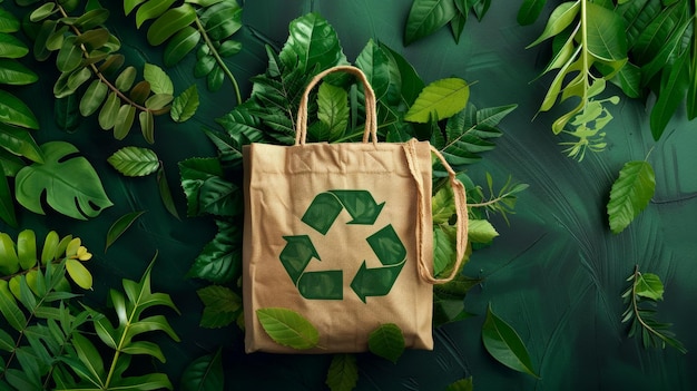 EcoFriendly Banner Reusable Shopping Bag with Recycling Symbol and Green Leaves for Sustainability Design