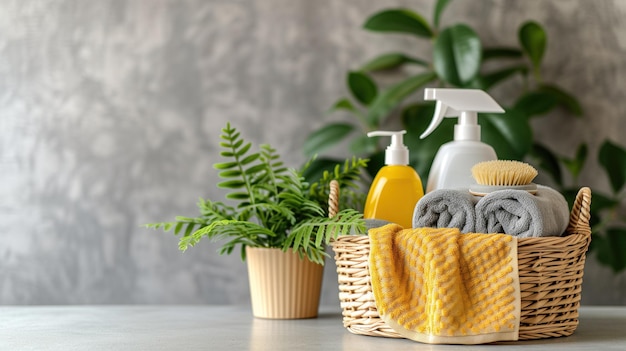 Photo ecofriendly basket with alternative cleaning supplies and towels on a countertop