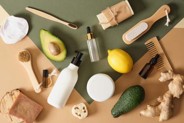 Ecofriendly body care products massage brushes and mockup bottles with cosmetics based on natural ingredients