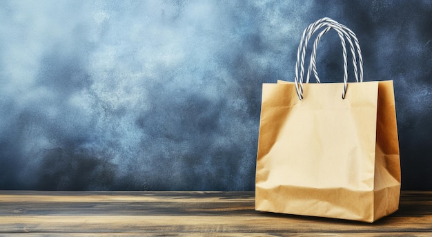 EcoFriendly Brown Paper Bag on Wooden Table Against Dark Blue Background