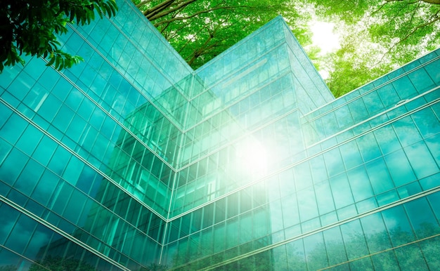 Ecofriendly building in the modern city Green tree branches with leaves and sustainable glass