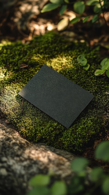 Photo ecofriendly business card mockup surroundedgreen moss and natural elements