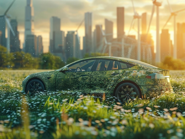 EcoFriendly Car Parked in a Green Field at Sunset