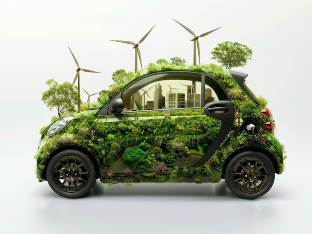 EcoFriendly Car Surrounded by Wind Turbines and Greenery