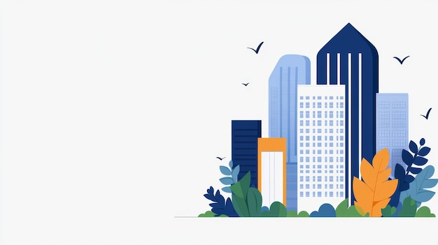 Ecofriendly cityscape lush greenery and modern architecture flat design illustration copy space for