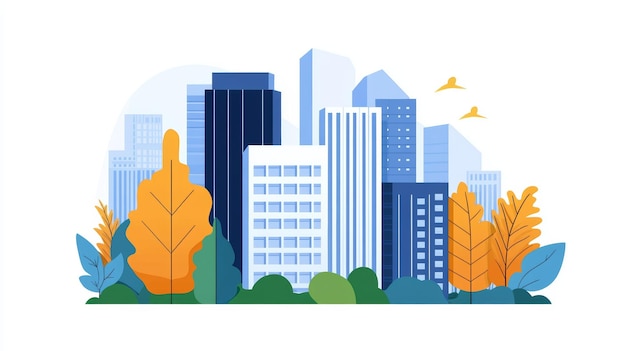 Ecofriendly cityscape lush greenery and modern architecture flat design illustration copy space for