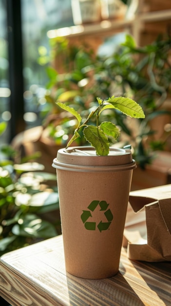 Photo ecofriendly coffee cup nurtures a sprouting plant in a cozy cafe setting