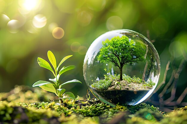 Ecofriendly concept of Greenery growing in a crystal glass globe