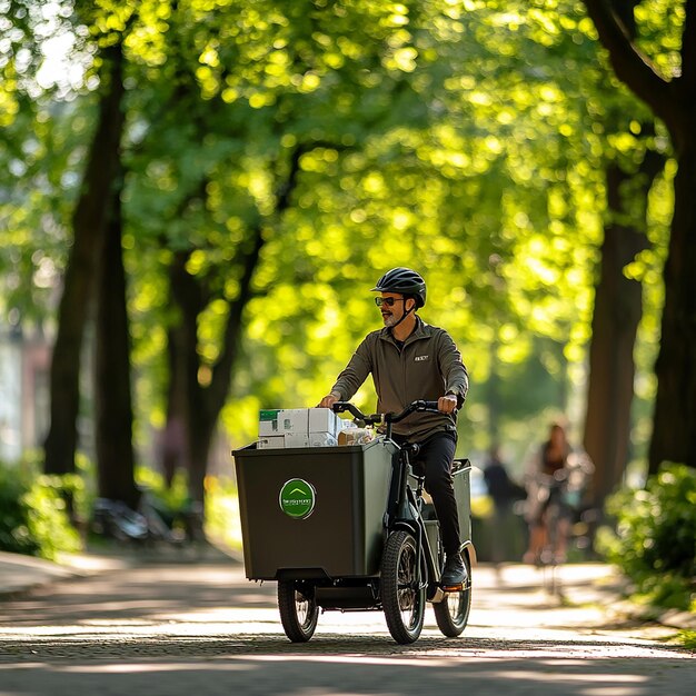 Photo ecofriendly delivery driver in green urban area