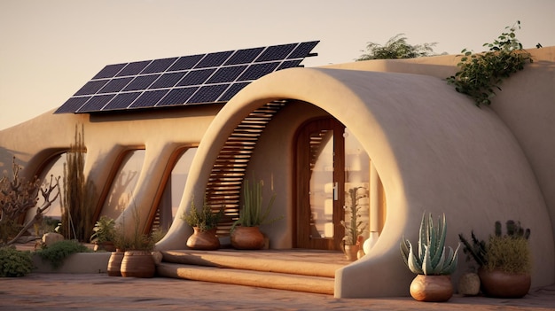 Ecofriendly desert retreat featuring adobe structures and solar energy