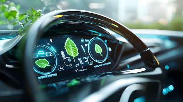 Photo ecofriendly electric car dashboard with leafthemed icons and clean futuristic design