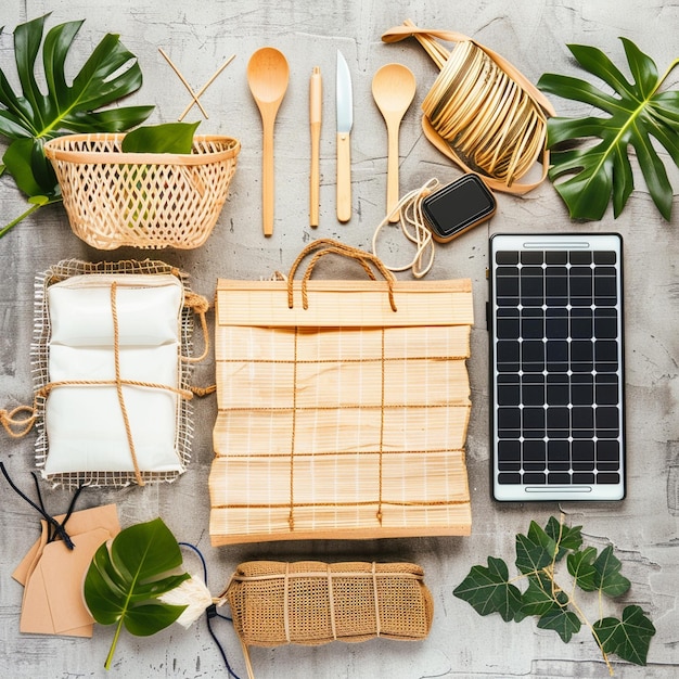 Photo ecofriendly essentials reusable bags bamboo utensils and solar panels