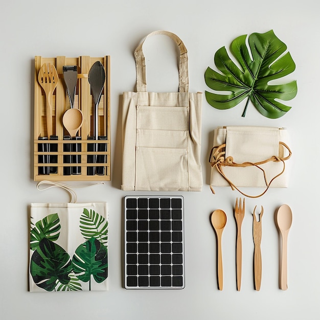 Photo ecofriendly essentials reusable bags bamboo utensils and solar panels