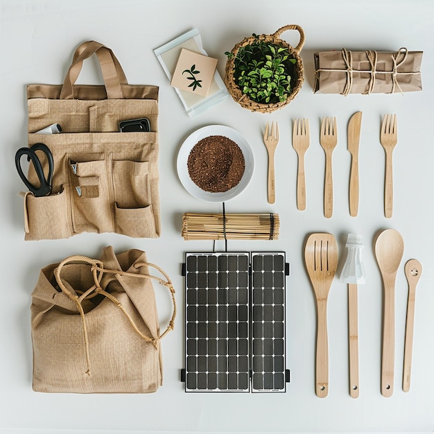 Photo ecofriendly essentials reusable bags bamboo utensils and solar panels