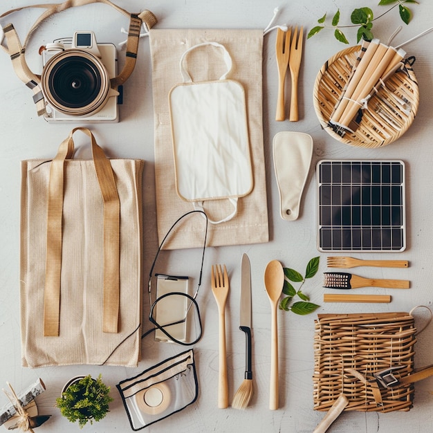 Photo ecofriendly essentials reusable bags bamboo utensils and solar panels