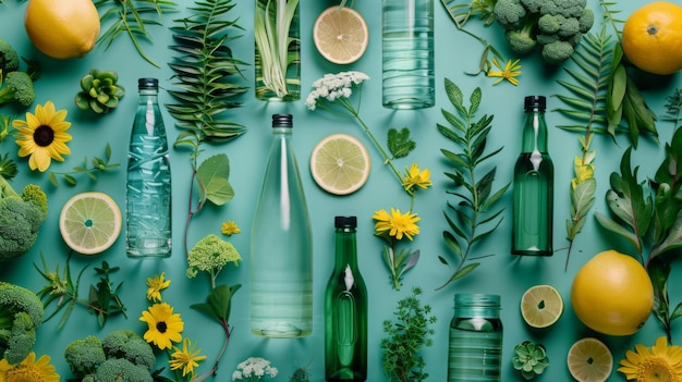 Ecofriendly flat lay of green botanicals water bottles and citrus fruits on a teal background promot