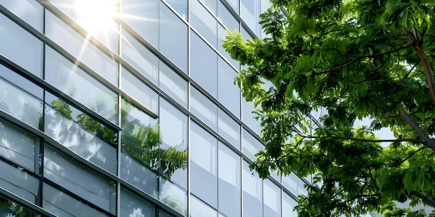 Ecofriendly glass office in sustainable building surrounded by green trees Concept EcoFriendly Office Sustainable Building Green Surroundings Glass Architecture Sustainable Design