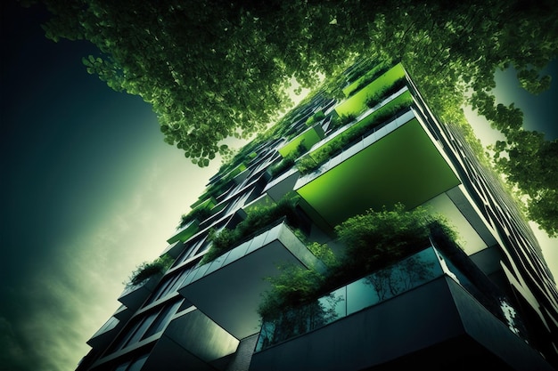 Ecofriendly green building with vertical garden design for sustainability