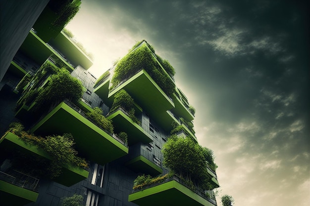 Ecofriendly green building with vertical garden design for sustainability