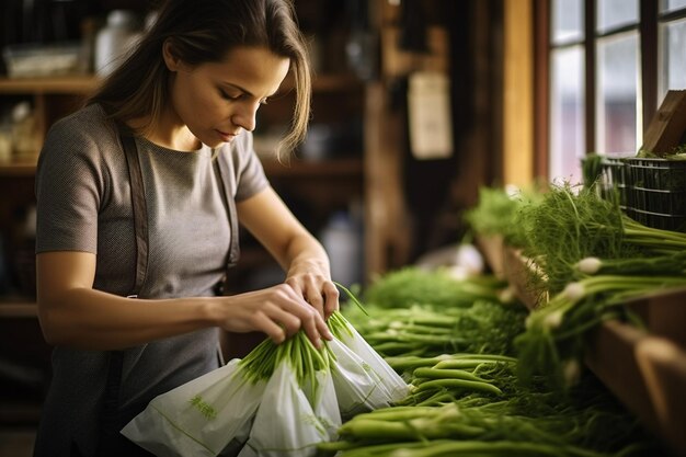 EcoFriendly Grocery Shopping Woman Picking Green Onions in Zero Waste Store