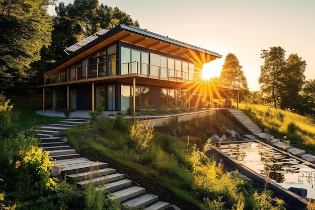 Ecofriendly home with solar panels and green features