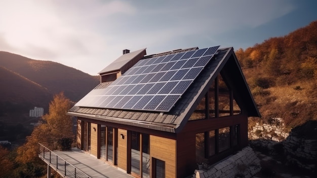 Ecofriendly house with solar panels on the roof surrounded by green nature Generative AI