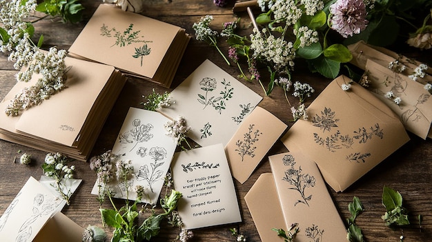 Photo ecofriendly kraft paper stationery with floral designs